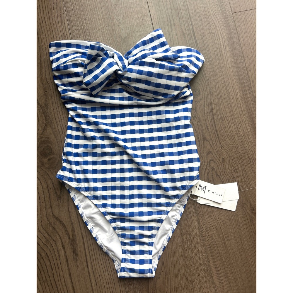 Milly Jacquard Cottage Bow One Piece Swimsuit Blue White Gingham NWT Size S
